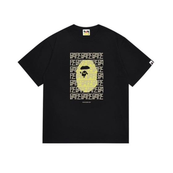 Black BAPE T-Shirt with Repeated "BAPE" Text and Ape Head Logo